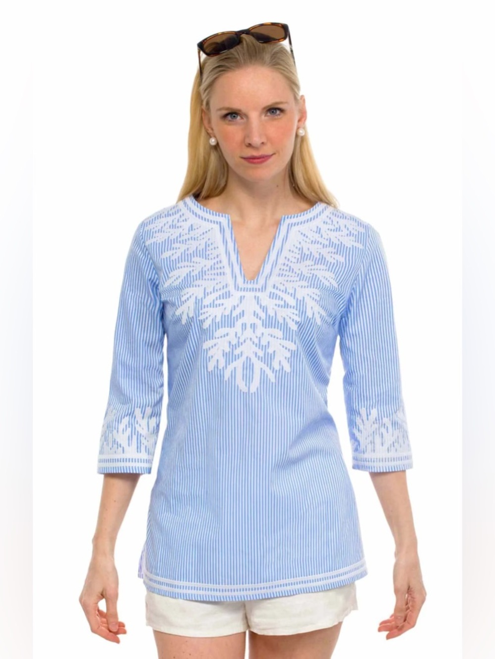 Gretchen Scott The Reef Embroidered Pinstripe Tunic Blue Small